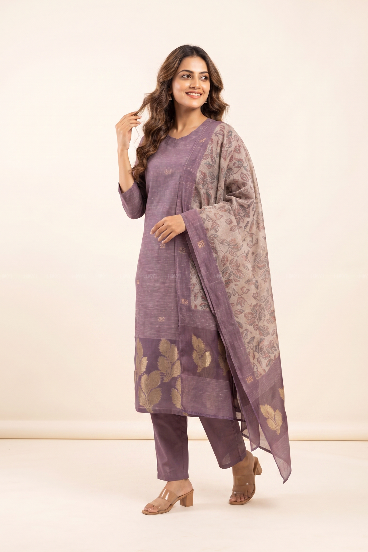 Petal Mist Jacquard 3 Piece Linen Kurta Set with Dupatta