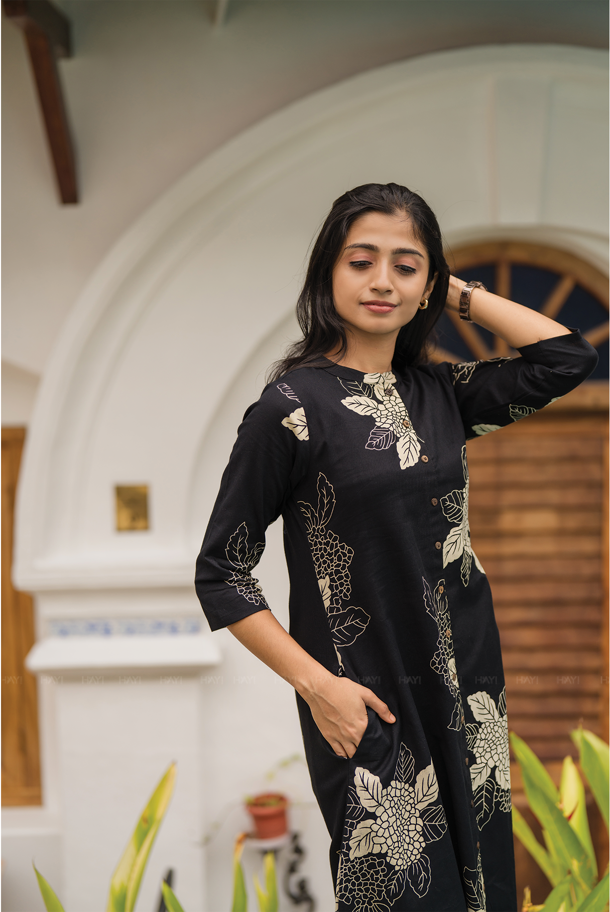 Golden Dusk Black Cotton Flex Co-ord with Chinese Collar & 3/4th Sleeves