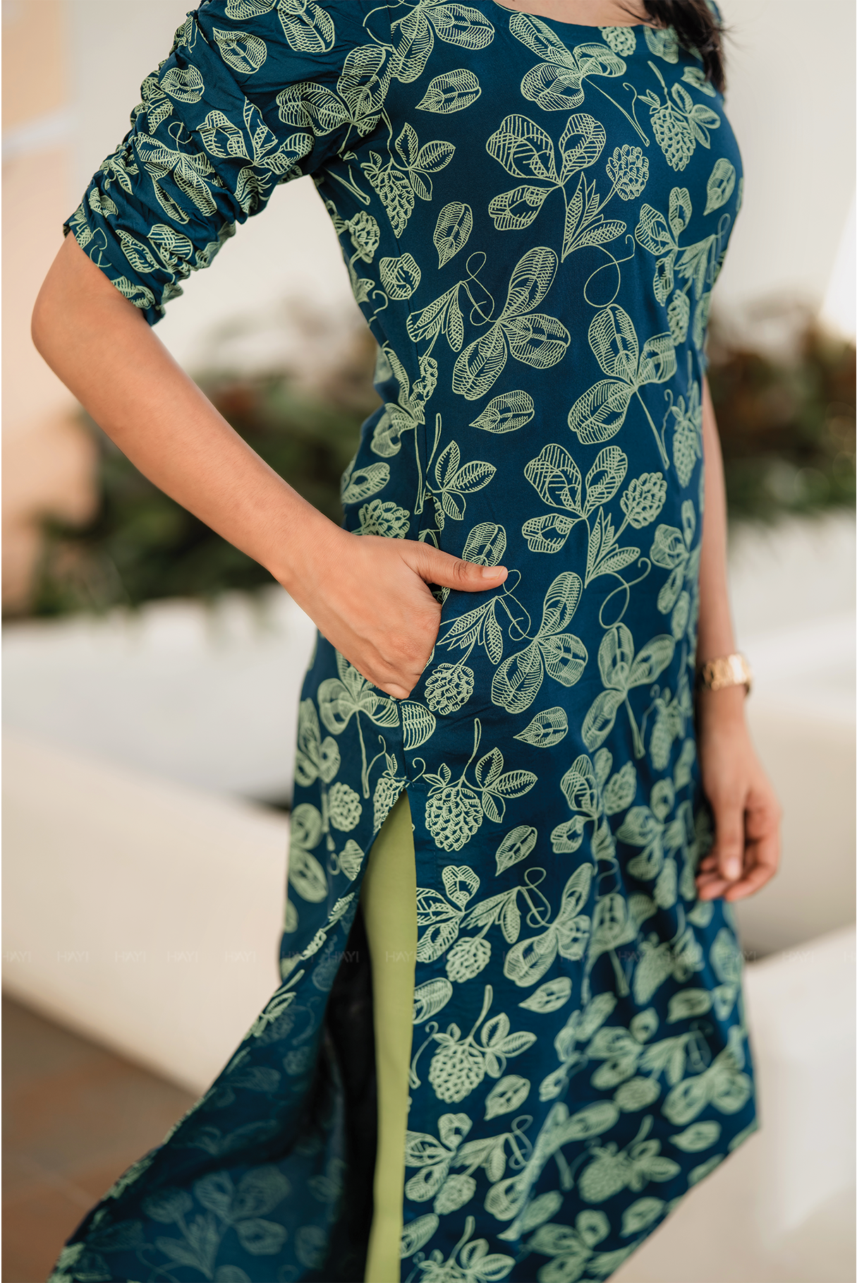 Pinecone Teal Blue Viscose Blend Kurti with Pot Neck & Puff Sleeves