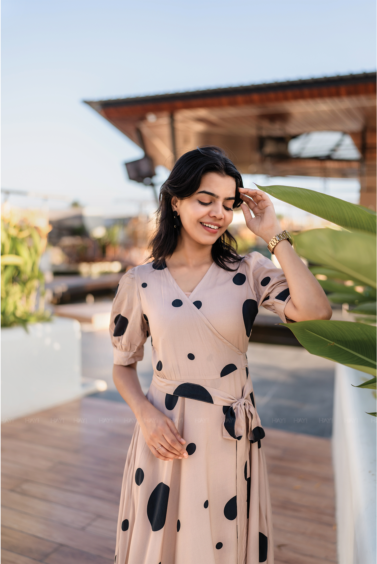 Desert Bubble Beige Viscose Wrap Dress with V-Neckline & Light Puff Sleeves