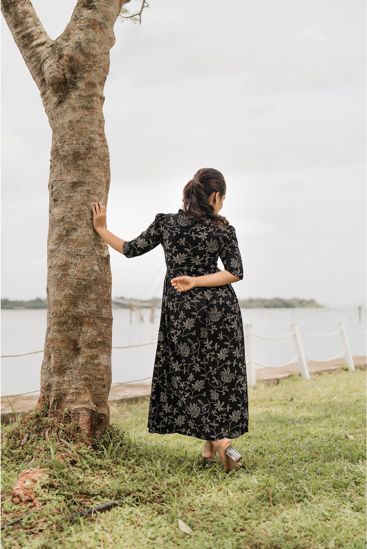 Regal Black with Molten Vines floral Printed Maternity and Feeding Viscose Dress