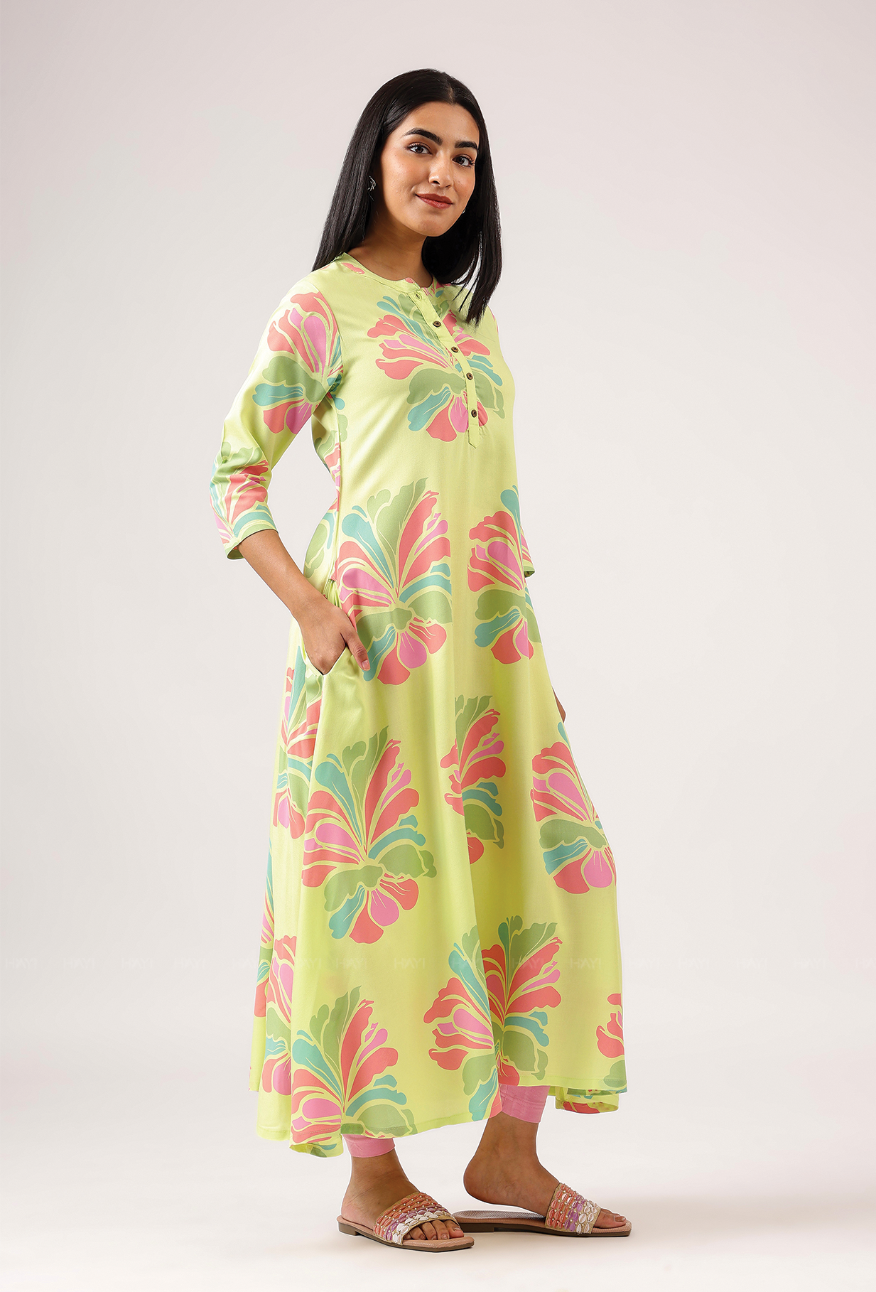 Gentle Lime with Blush Breeze printed Viscose A-line Dress