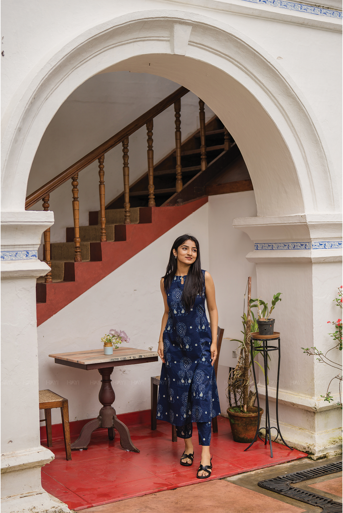 Indie Rune Blue Cotton Co-ord with Boat Neck with Keyhole