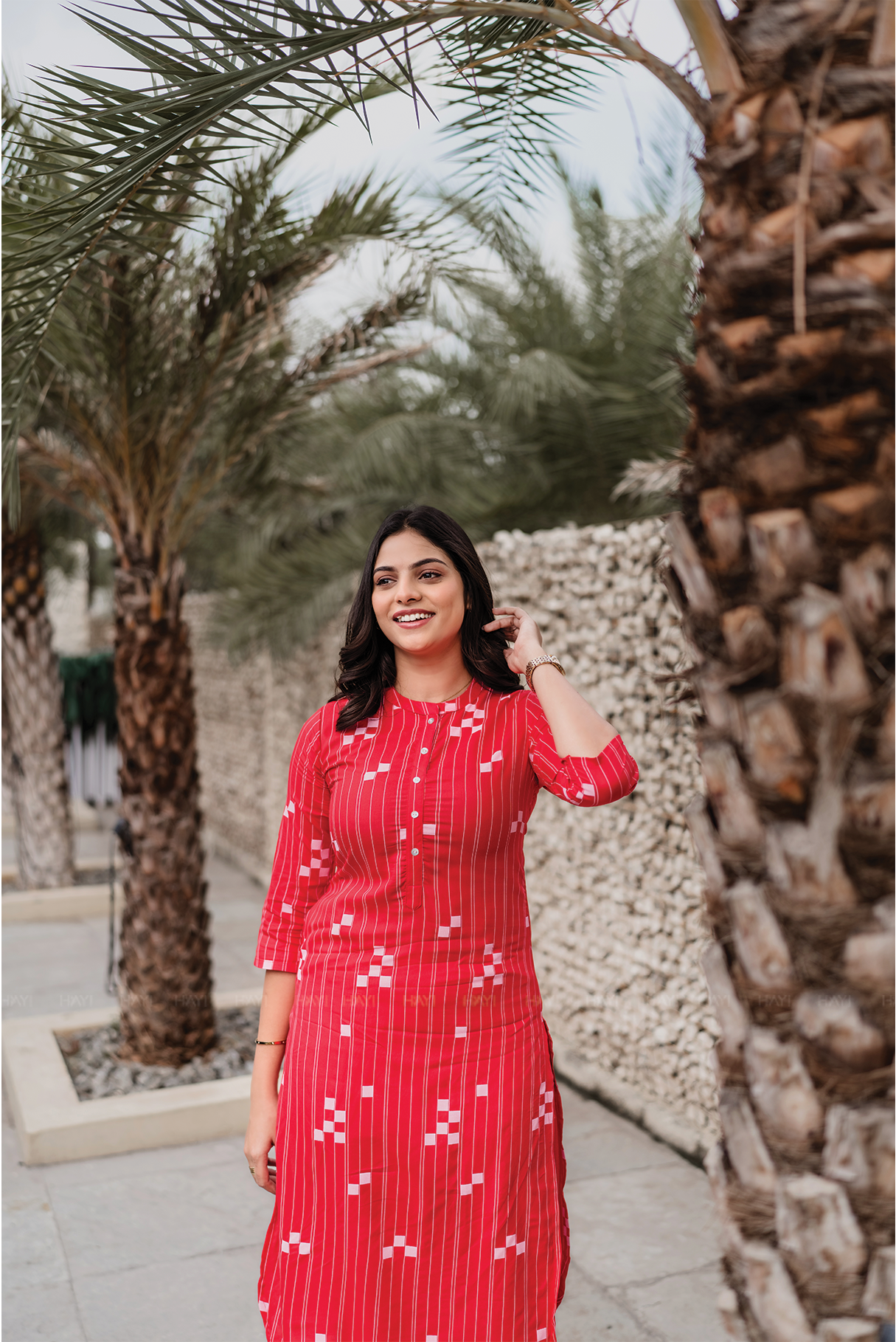 Blush Streak Red Viscose Co-ord with Chinese Collar & 3/4th Sleeves