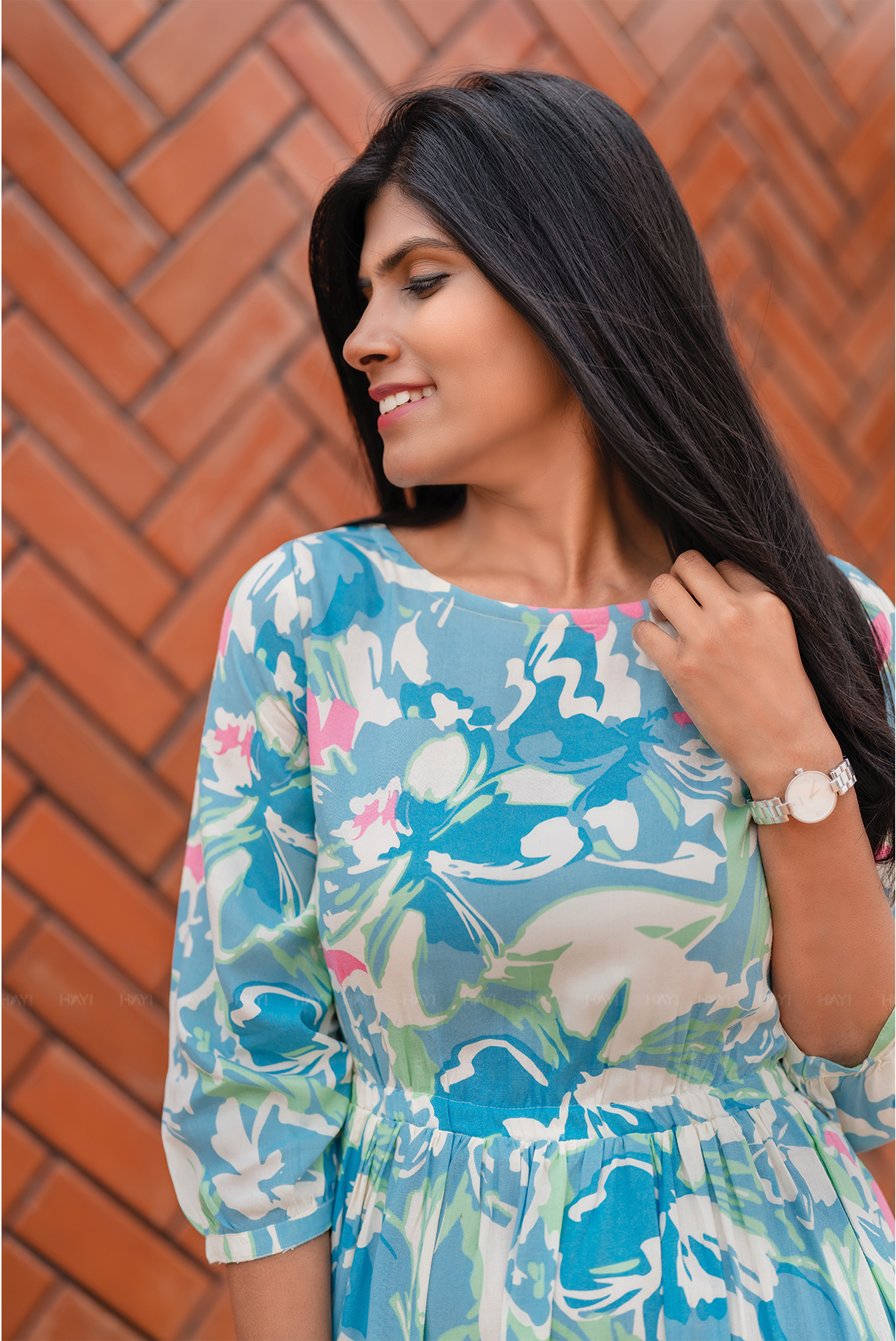 Coastal Bloom Blue Viscose Dress with Boat Neckline & 3/4th Sleeves