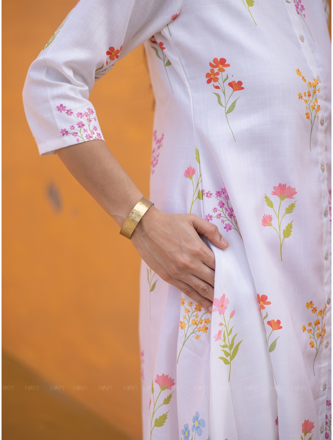 Petal Dreams Off White Linen Blend A-line Dress with Chinese Collar and 3/4th Sleeves