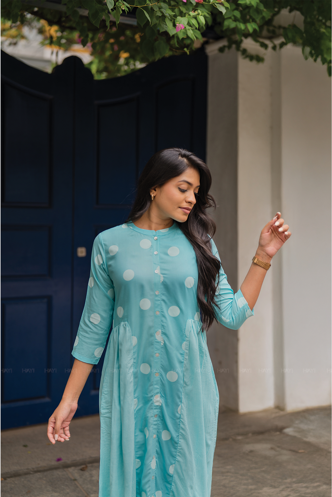 Fog Blue with Mist Pleats printed Viscose A-line Dress