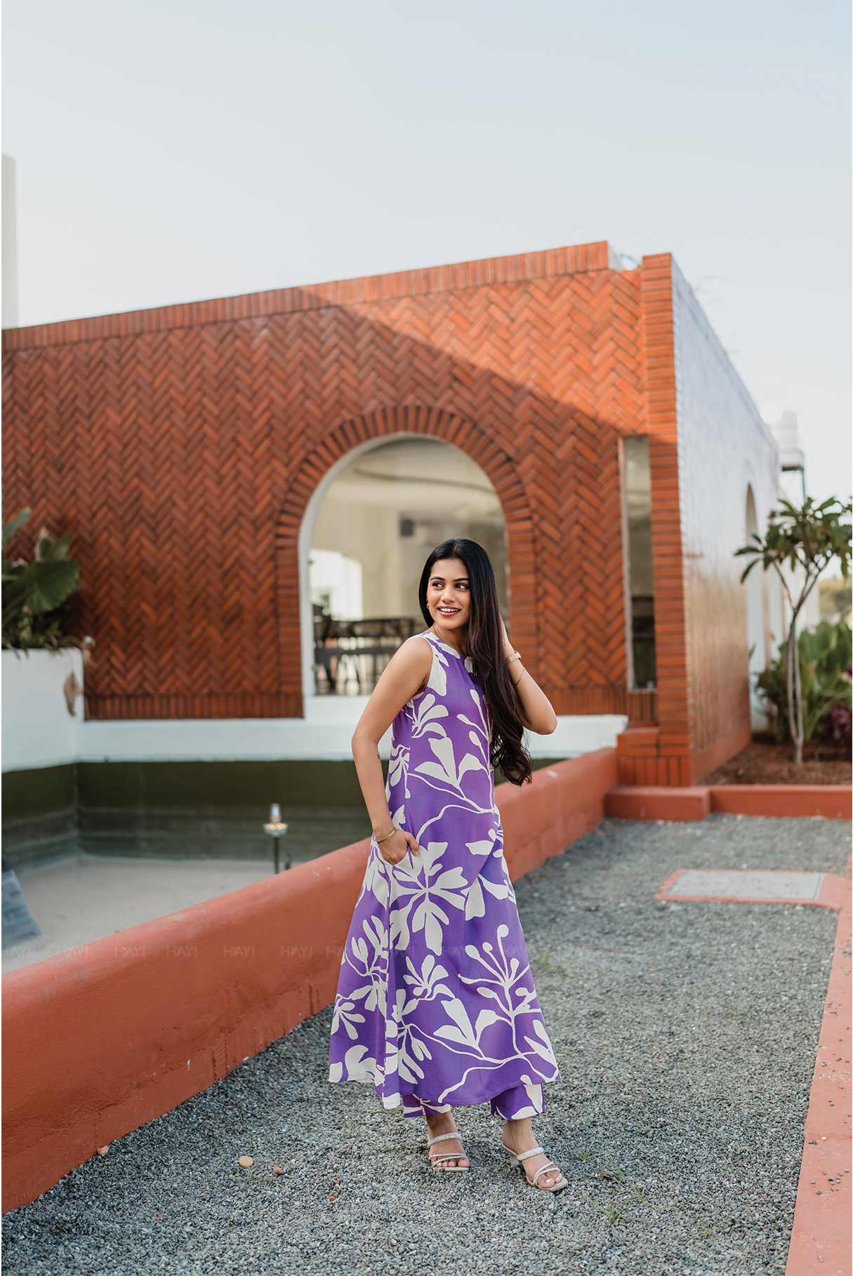 Viola Bloom Violet Cotton Blend Co-ord with Close Neck & Attached 3/4th Sleeves