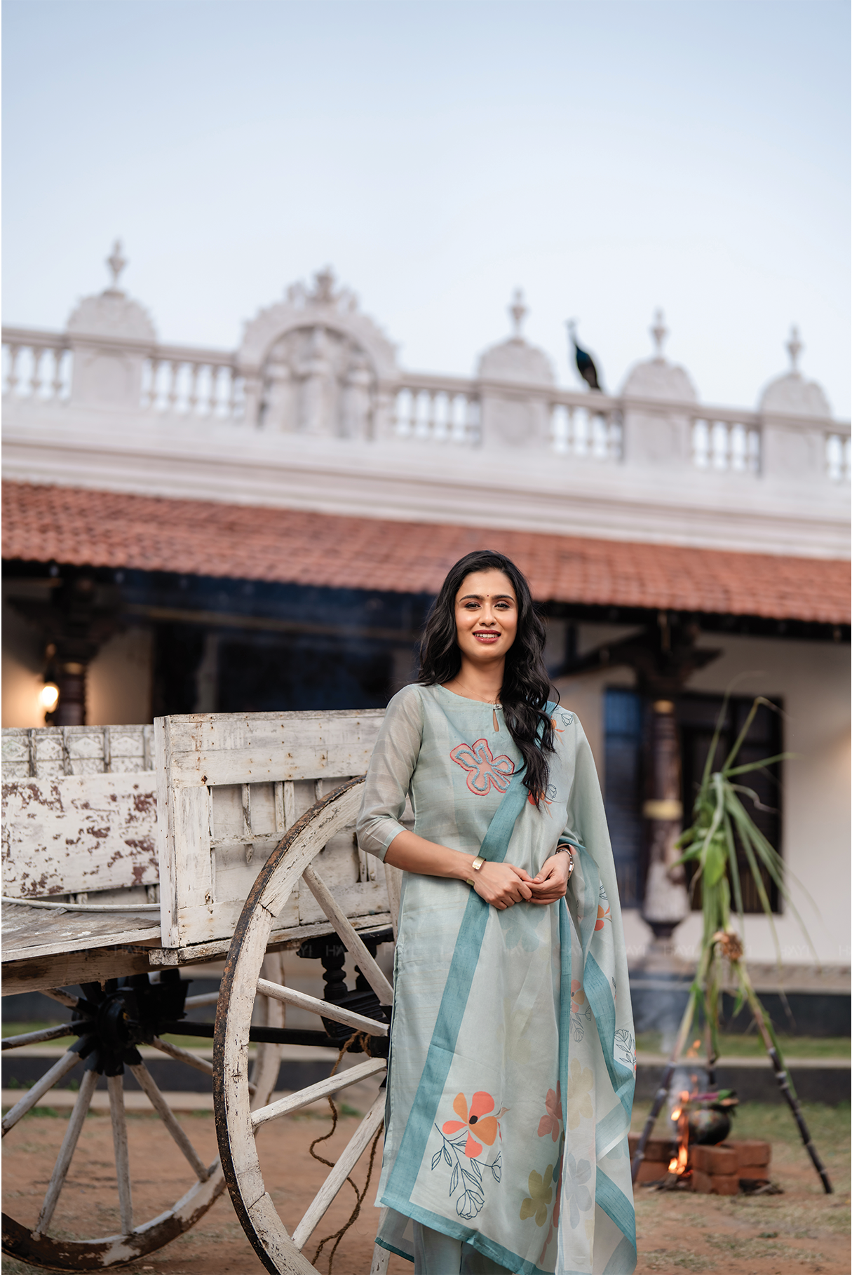 Blueish Blue 3 Piece Tussar Silk Blend Printed Hand-Embroidered Kurta with Pant & Dupatta