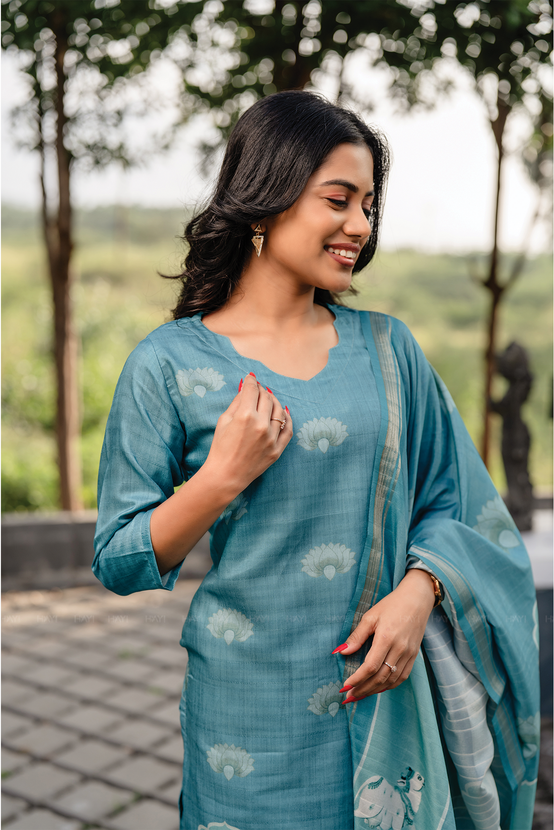 Lotus Charm Blue 3 Piece Tussar Silk Blend Printed Kurta with Pant & Dupatta