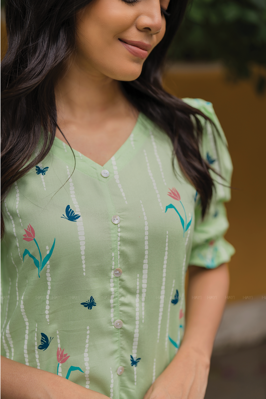 Sage Green with Mint petal printed Viscose A-line Dress