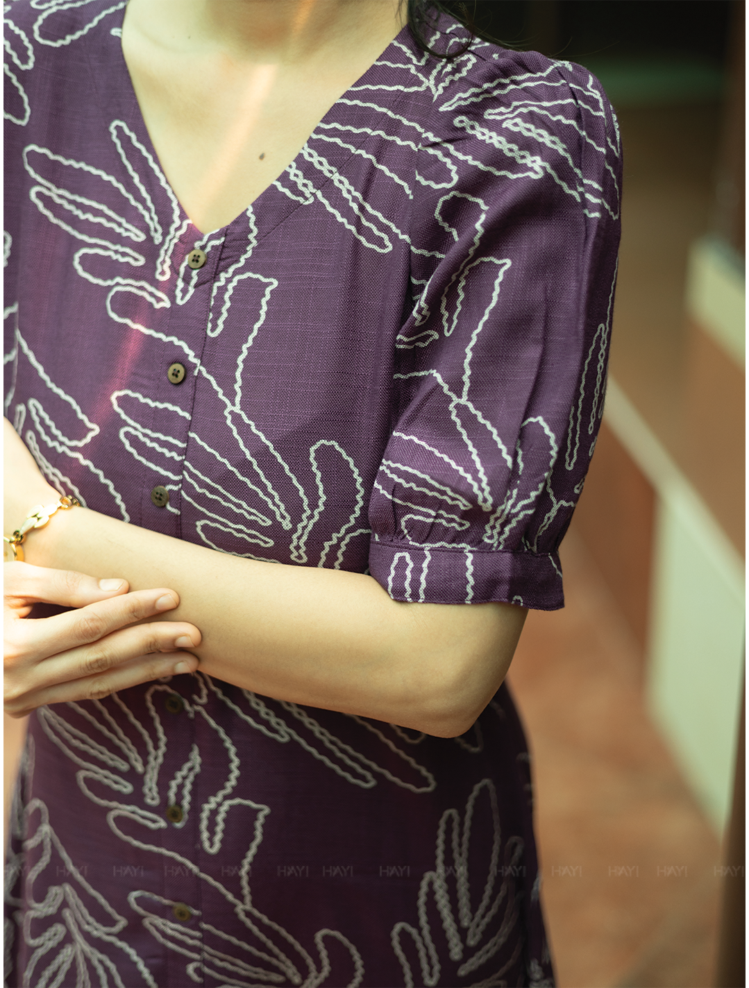 Vionora Violet Viscose Dress with Rounded Square neck & Puff Sleeves