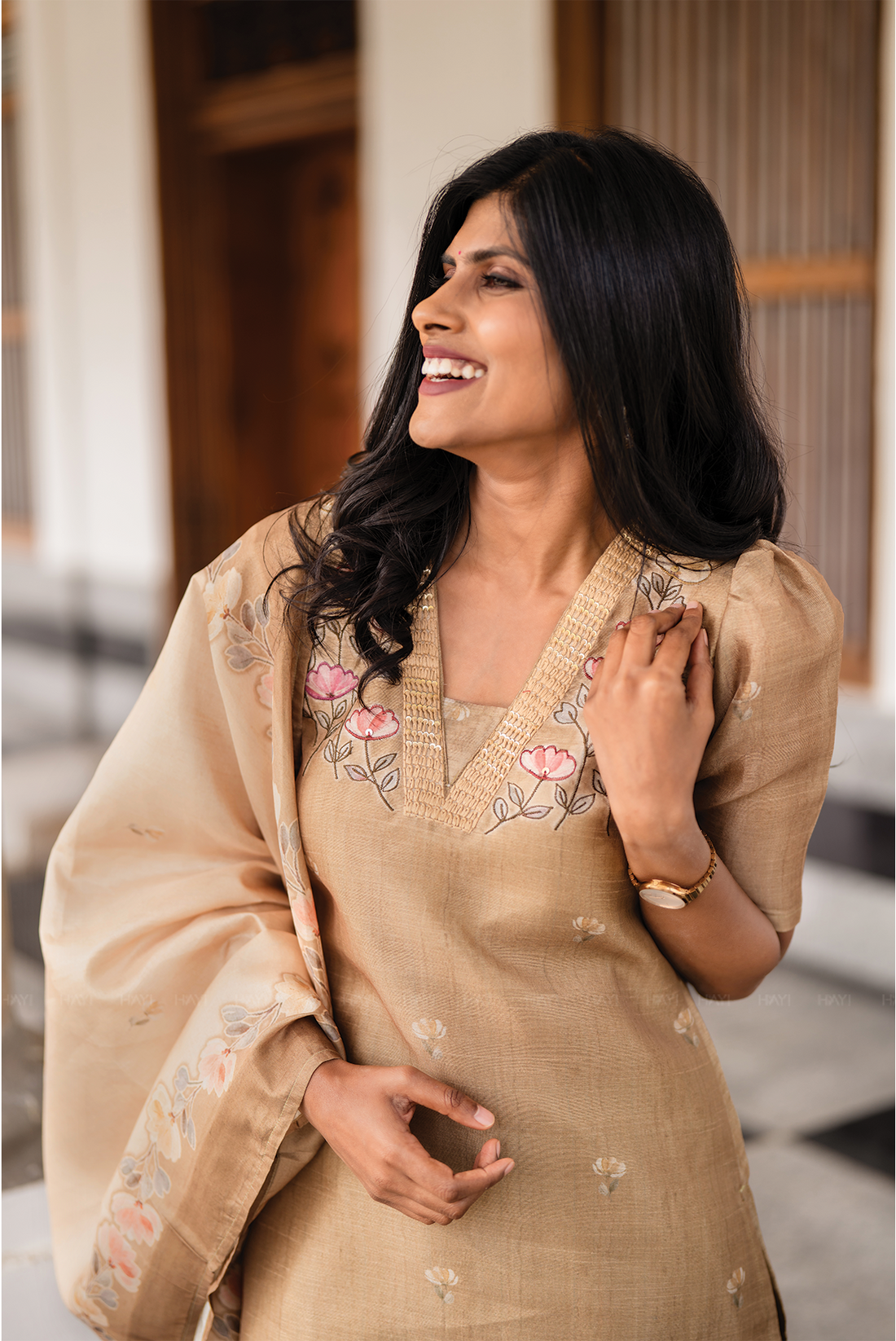 Classic Natural Yellow 3-Piece Tussar Silk Blend Floral Hand-Embroidered Kurta with Pant & Dupatta