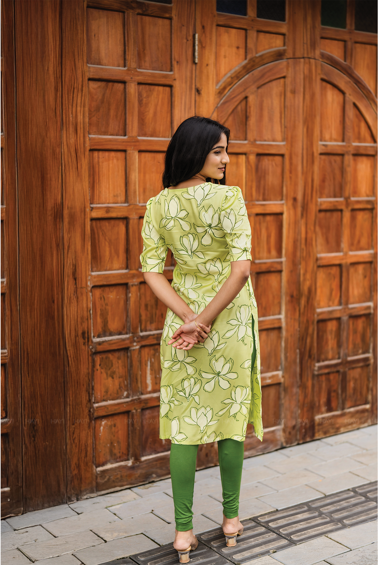 Green Blossom Chic with floral printed Viscose Kurta
