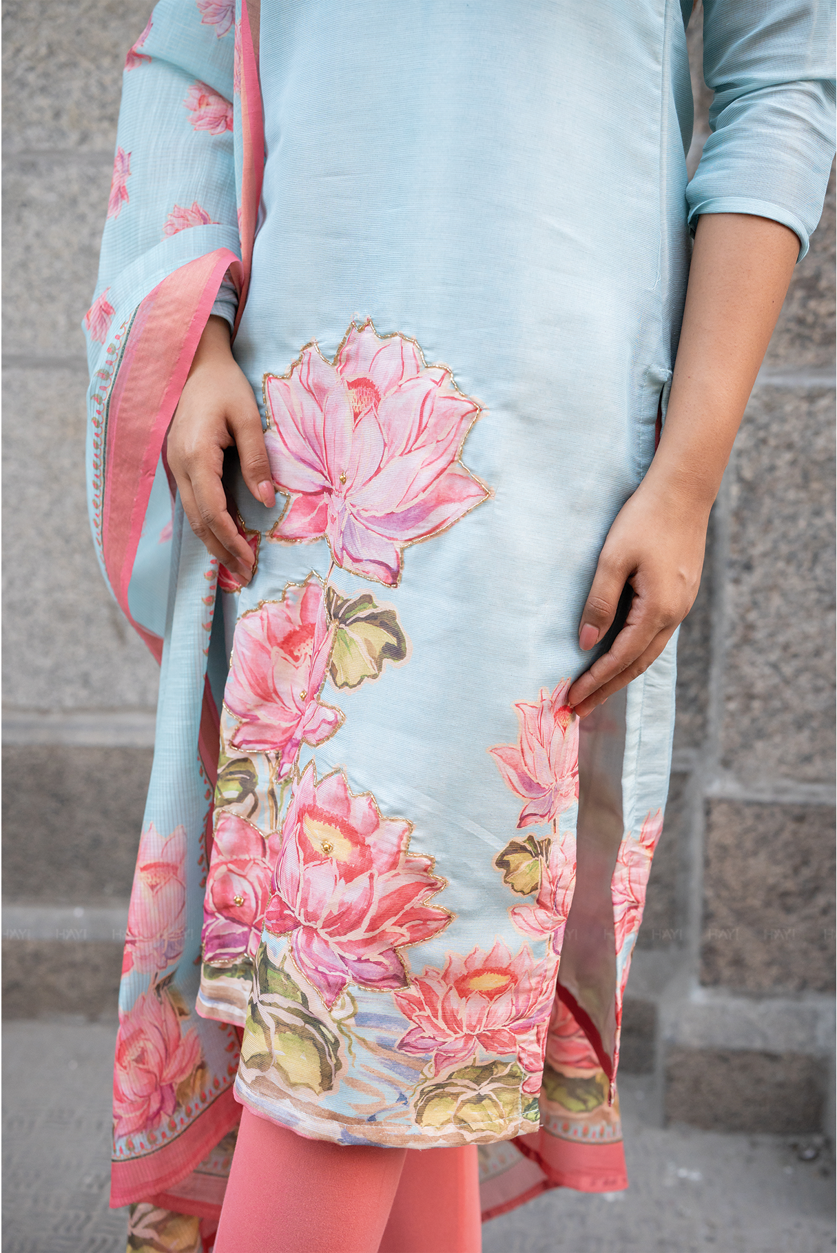 Lotus Mist Blue Printed 3 Piece Shimmer Tissue Kurti Set with Dupatta