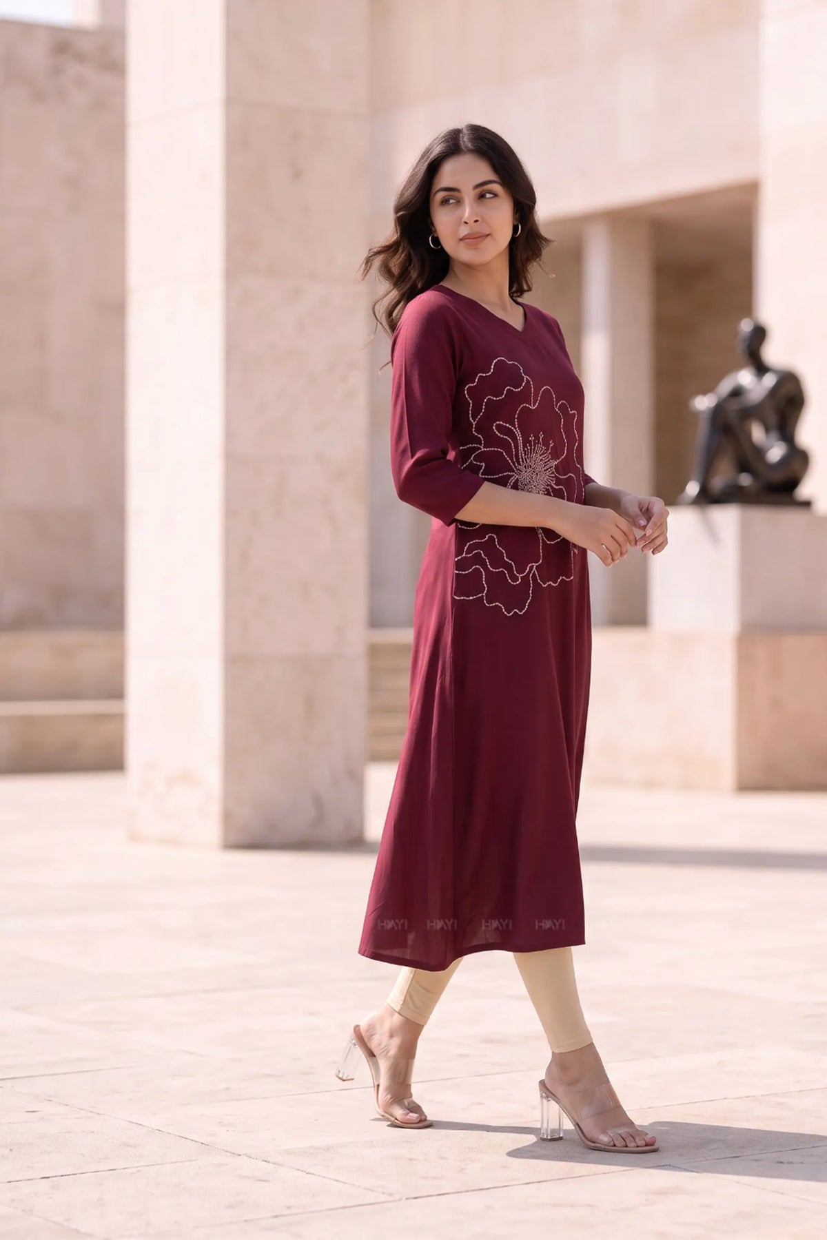 Scarlet Serenity Maroon Printed A-Line Dress