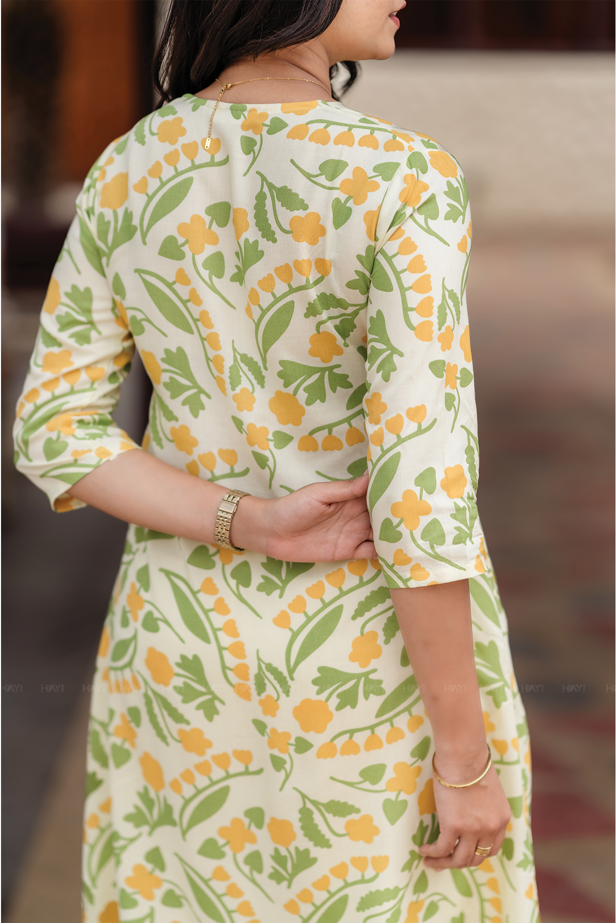 Spring Light Yellow Viscose Co-ord with V-Neckline Floral Print & 3/4th Sleeves