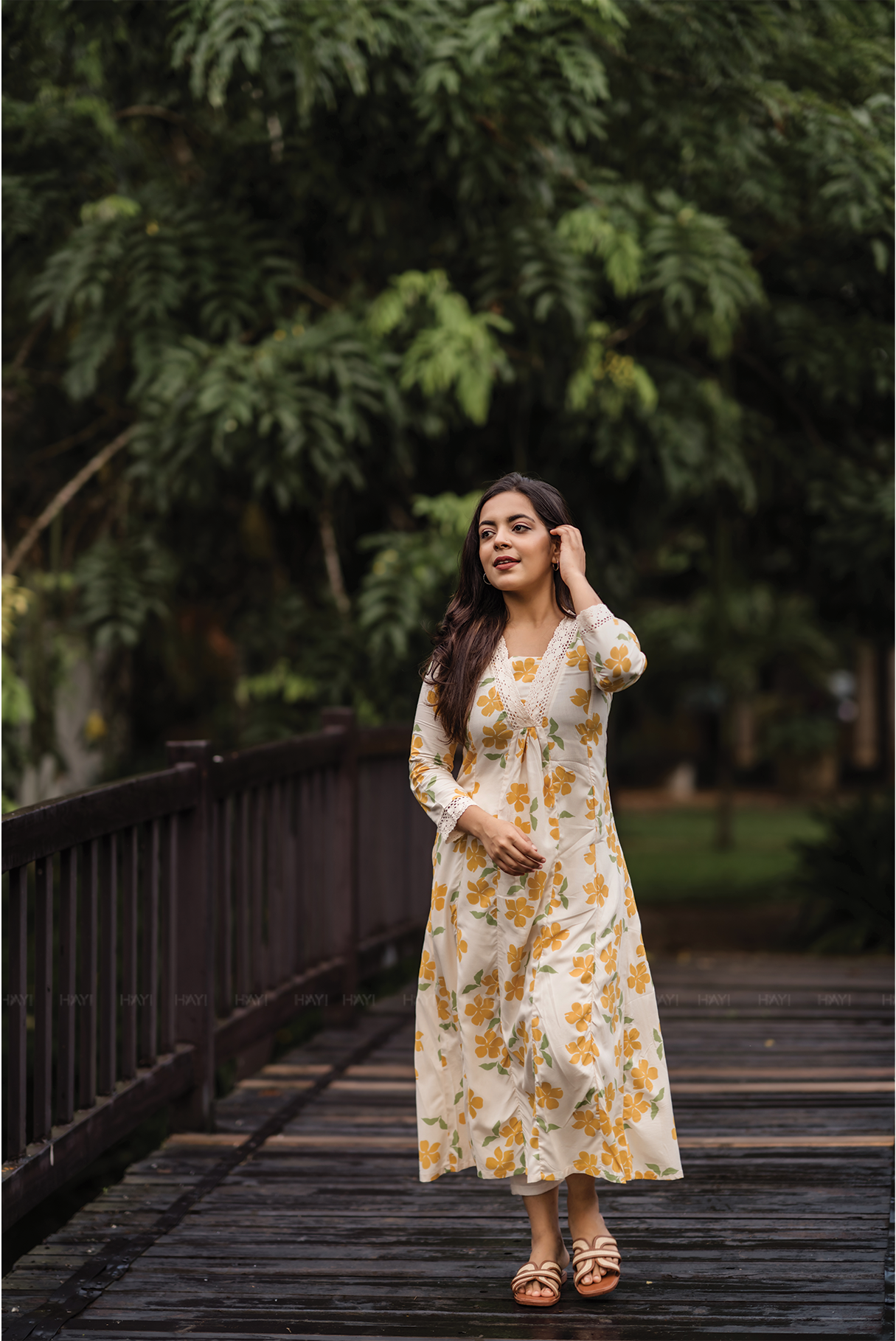 Sunpetal Bloom Beige Viscose Dress with V-Neck & Lace