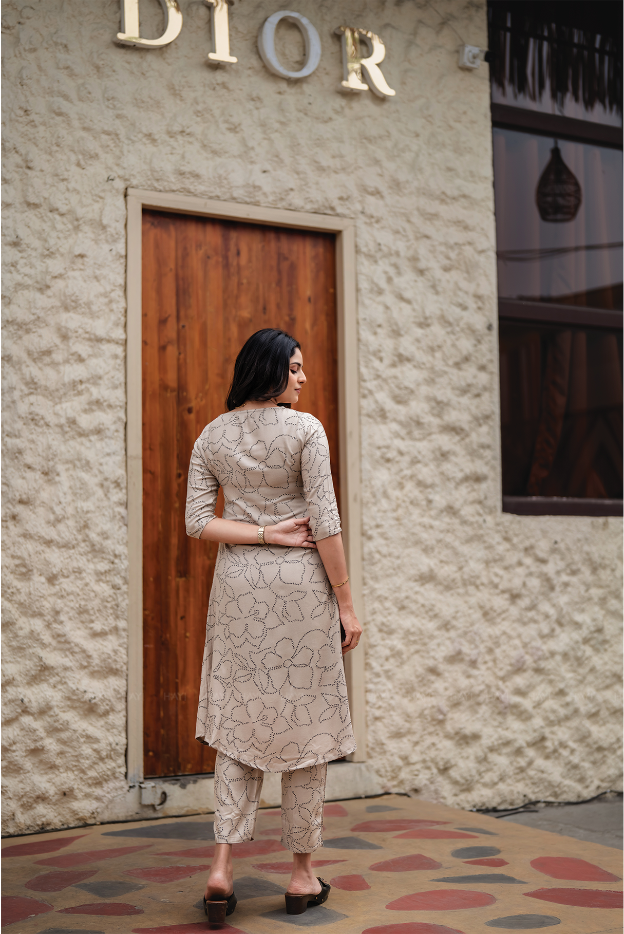 Beige Breeze Viscose Co-ord with Boat Neck with Keyhole & 3/4th Sleeves