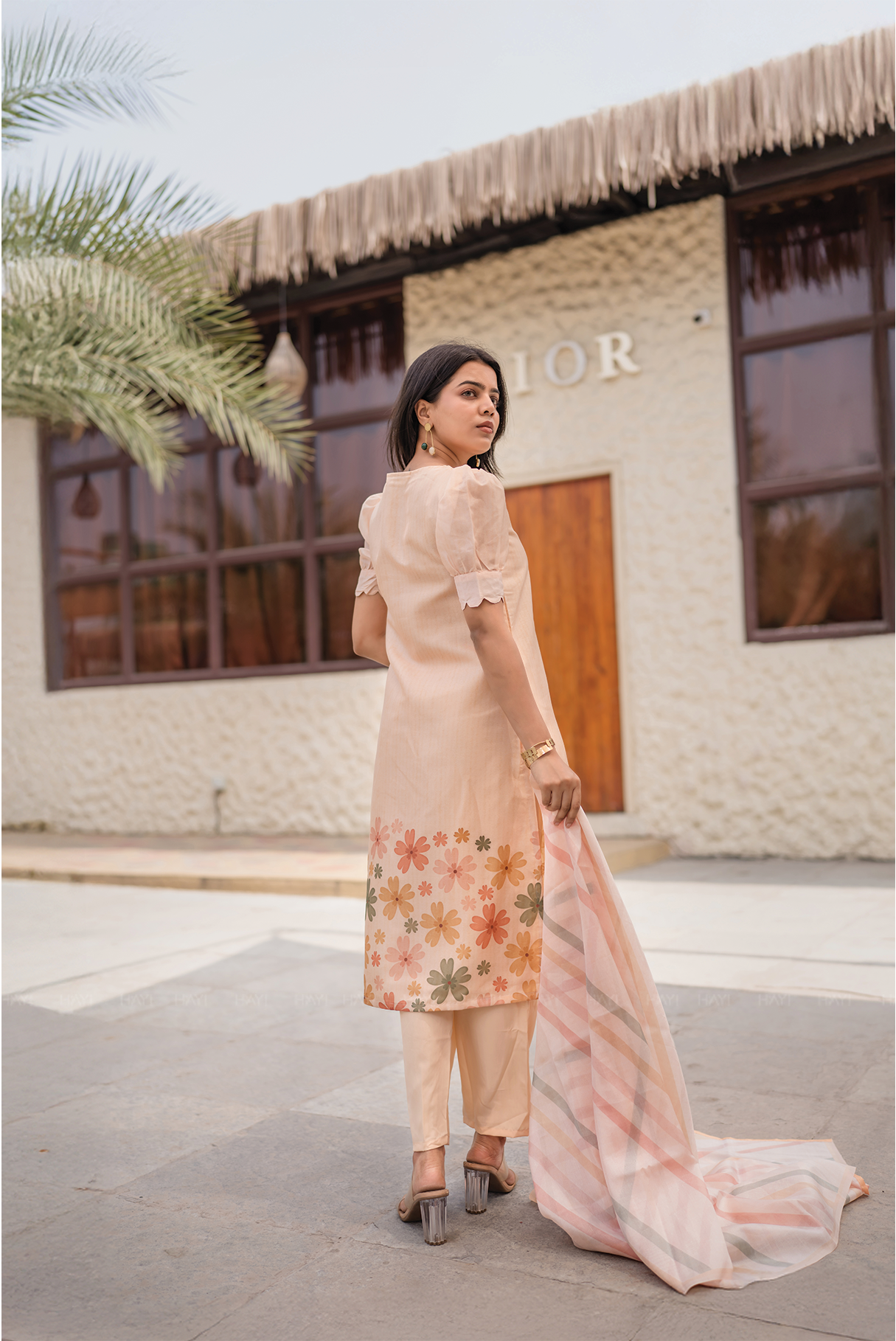 Buttercup Beige Embroidered 3 Piece Tissue silk blend Kurta with Pant & Dupatta