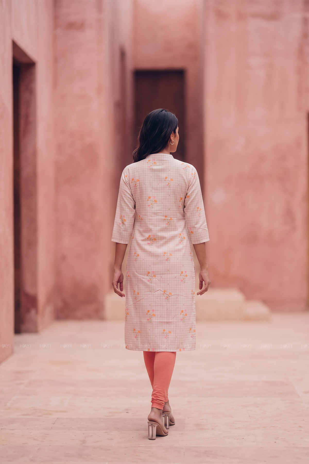 Bloom Grid Beige Linen Blend Floral Printed Kurta with Chinese Collar