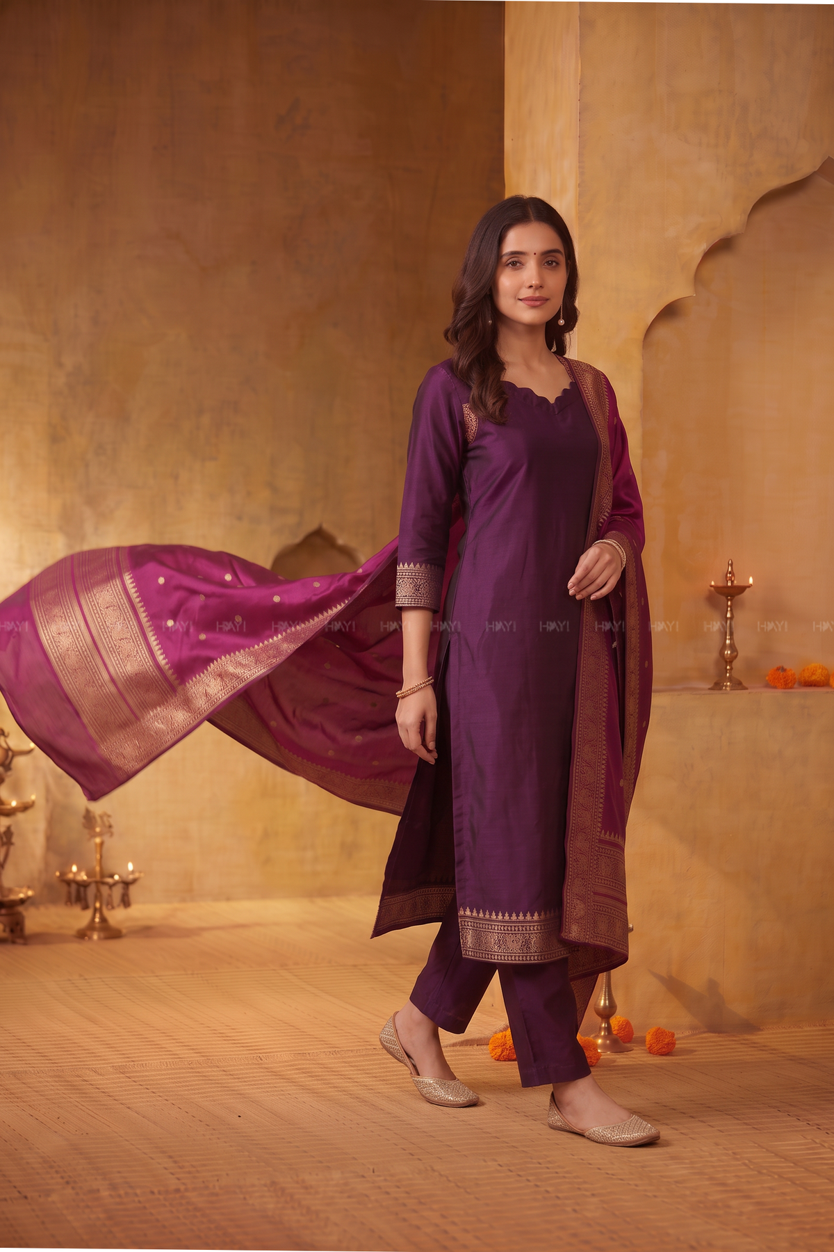 Royal Tapestry Purple Silk Blend 3-Piece Woven Kurta Set