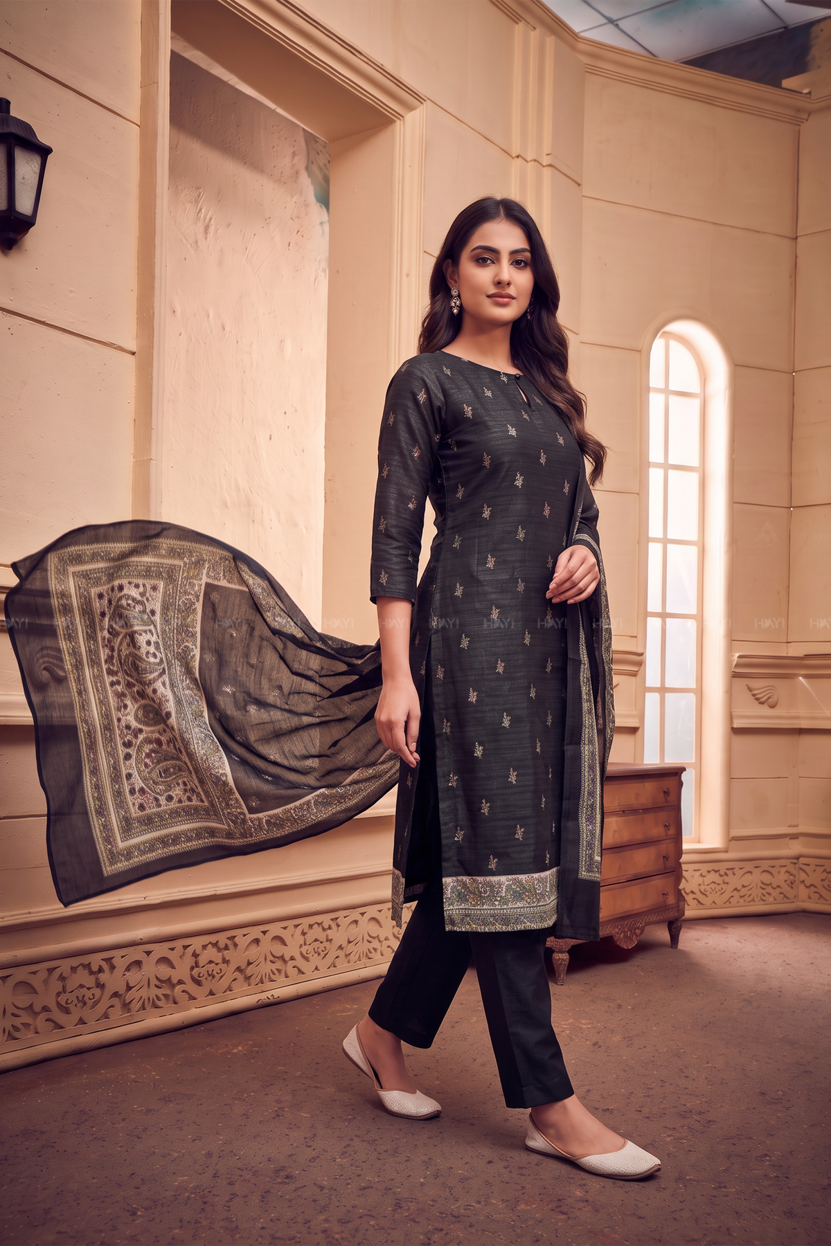 Moonlit Motif Black Silk Blend Printed 3-Piece Kurta Set