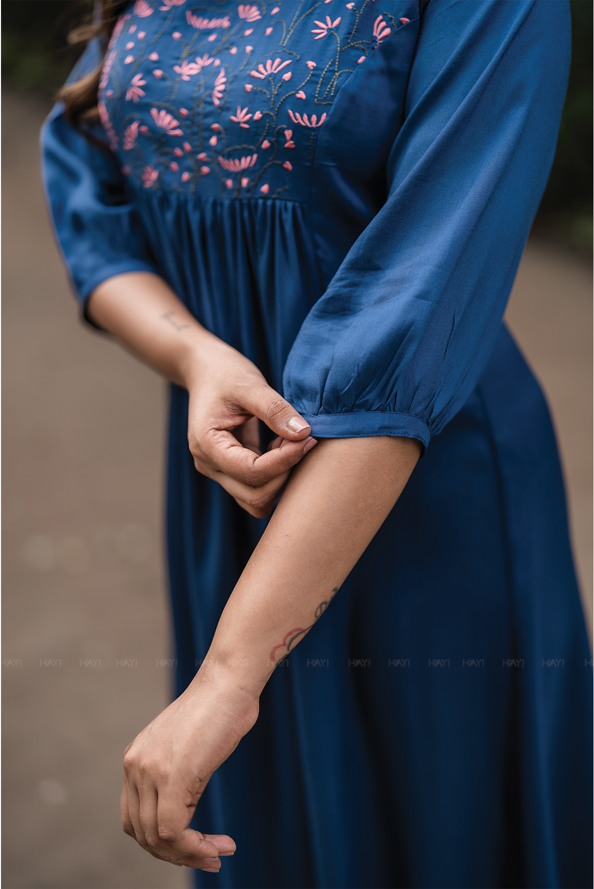 Midtown Minimal Blue Viscose Dress with Close Neck and Embroidery