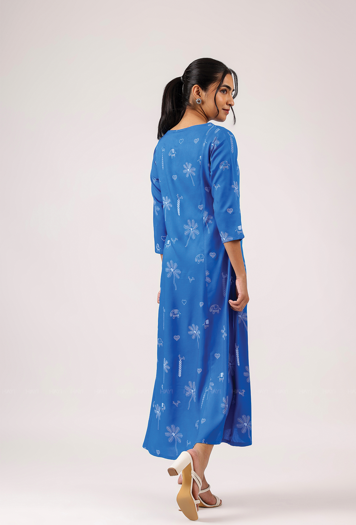 Cerulean Blue with Deep Ocean Viscose printed A-line Dress