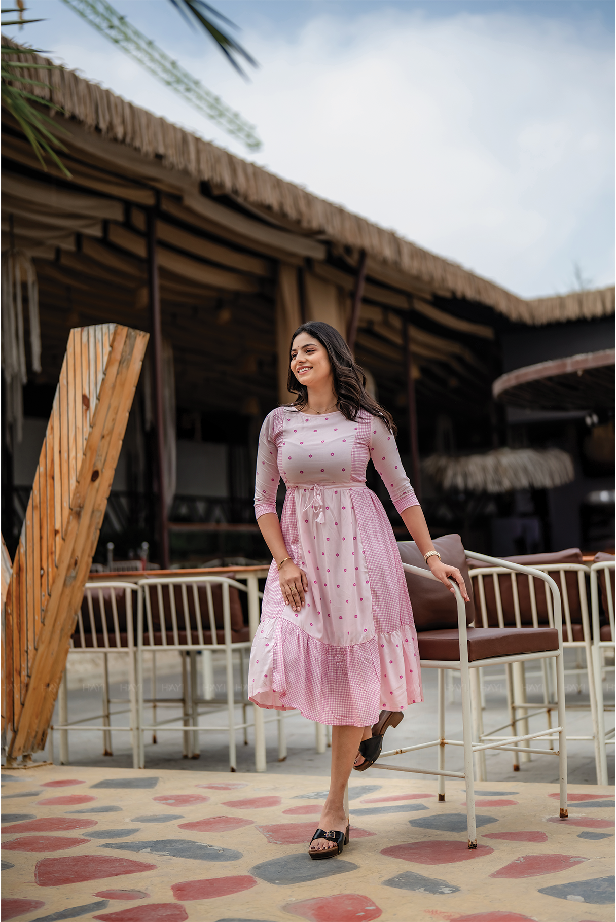 Pink Wink Viscose Dress with Boat Neck 3/4 Sleeves & Dual Print Design