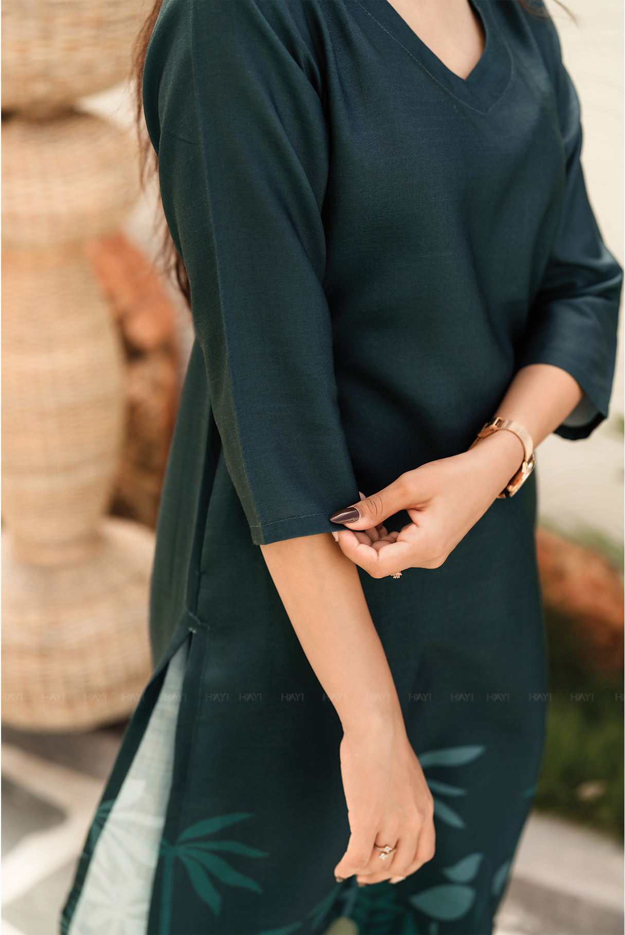 Evergreen Elegance Green Linen Blend Co ord with Curved V Neckline and 3/4th Sleeves