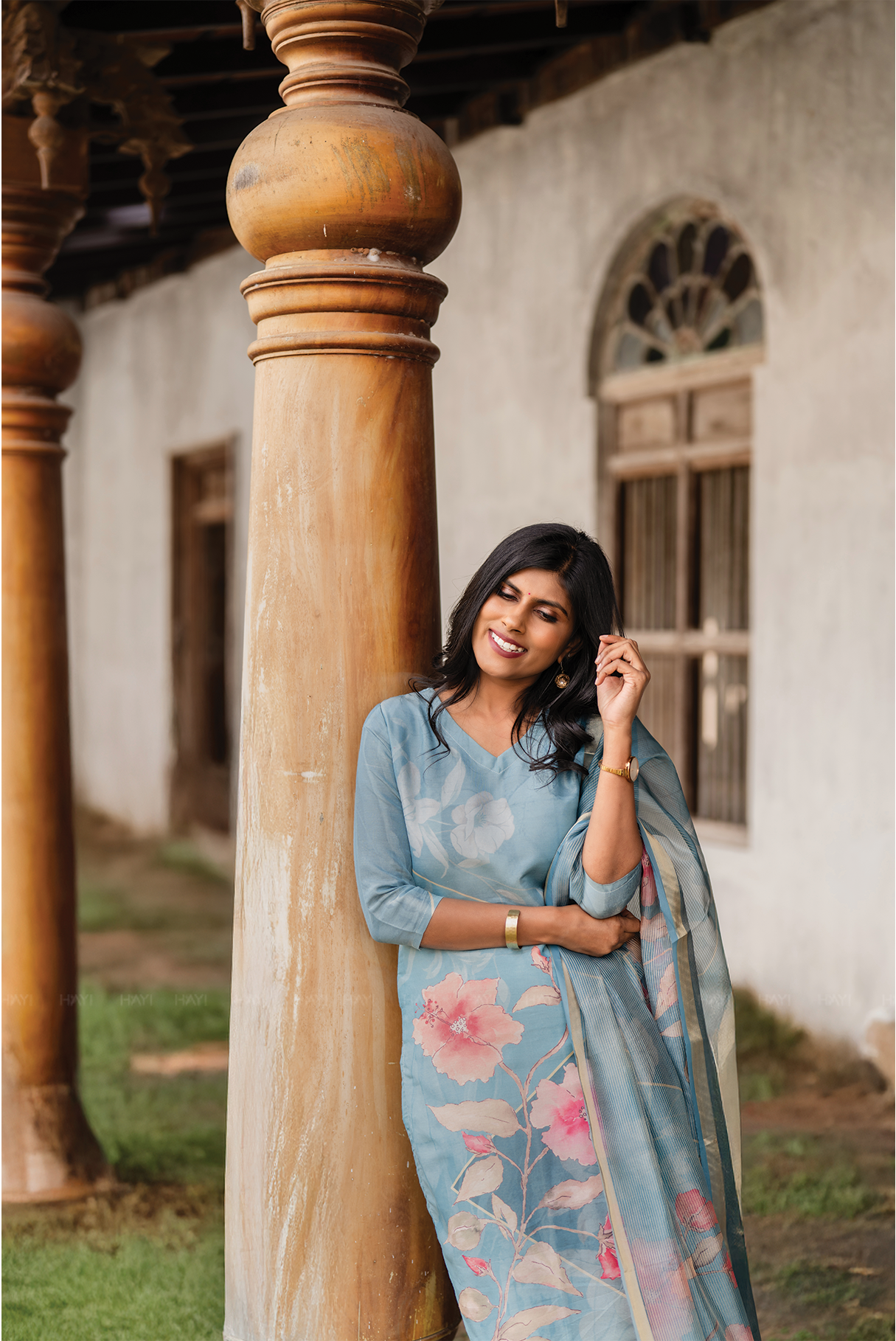 Blush Horizon Blue 3 Piece Shimmer Tissue Blend Floral Placement Print Kurta with Pant & Dupatta