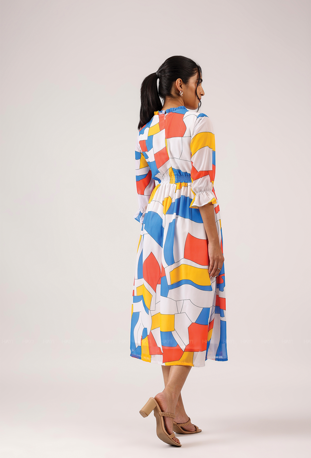 Prism White with Cubist Charm printed Lux Georgette Dress