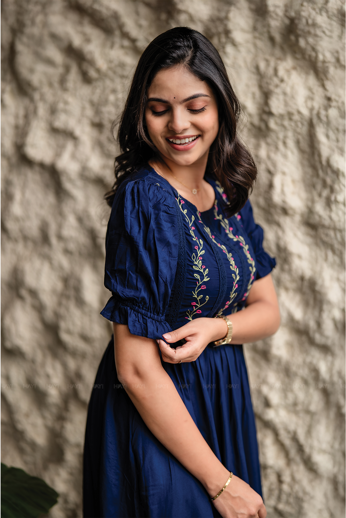 Rosevine Whisper Navy Embroidered Viscose Dress with Boat Neck & Elbow-Length Puff Sleeves