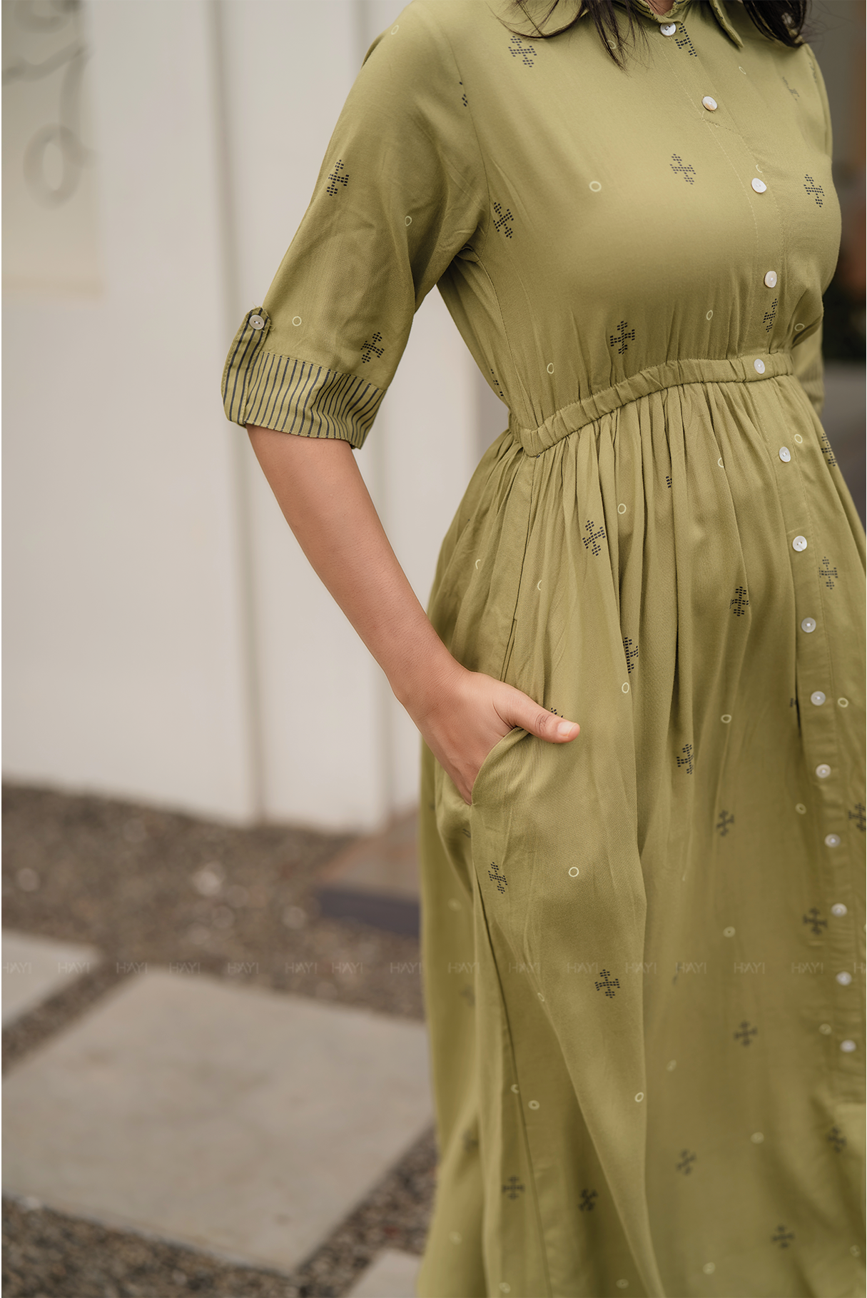 Goldenrod Yellow Viscose Blend Dress with Shirt Collar & Elbow Sleeves