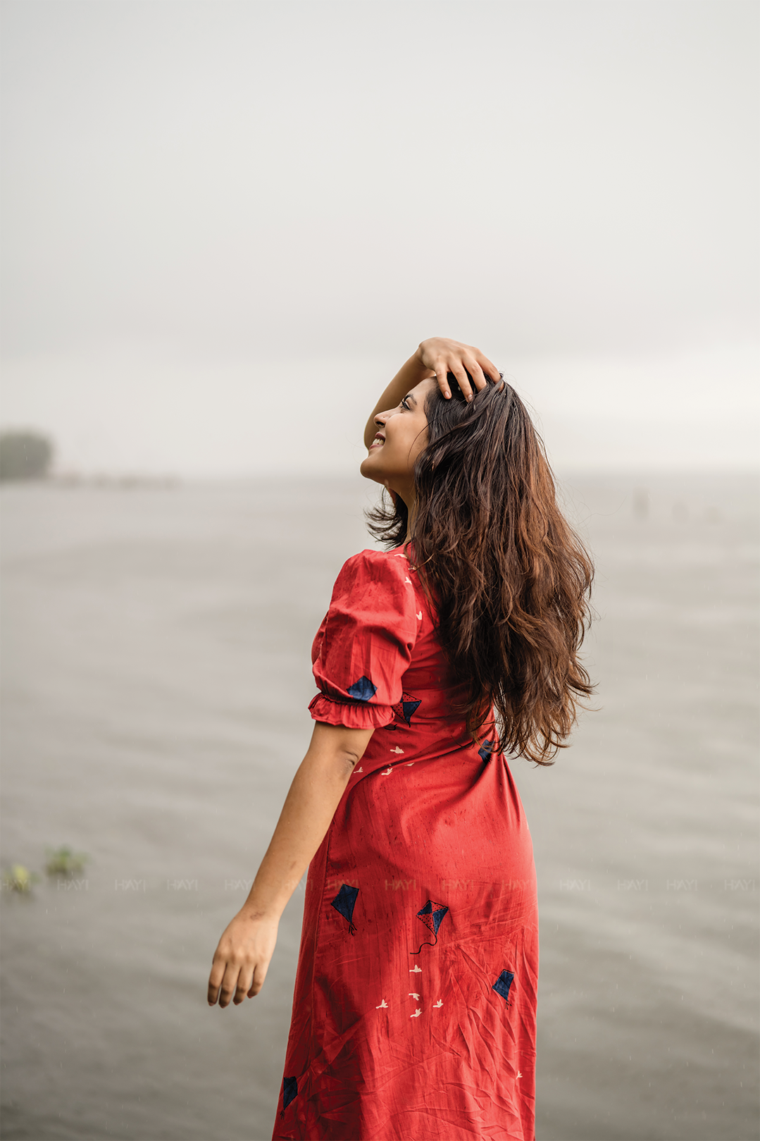 Kite Queen Red A-line Cotton Flex Dress with V-Neck & puff Sleeves