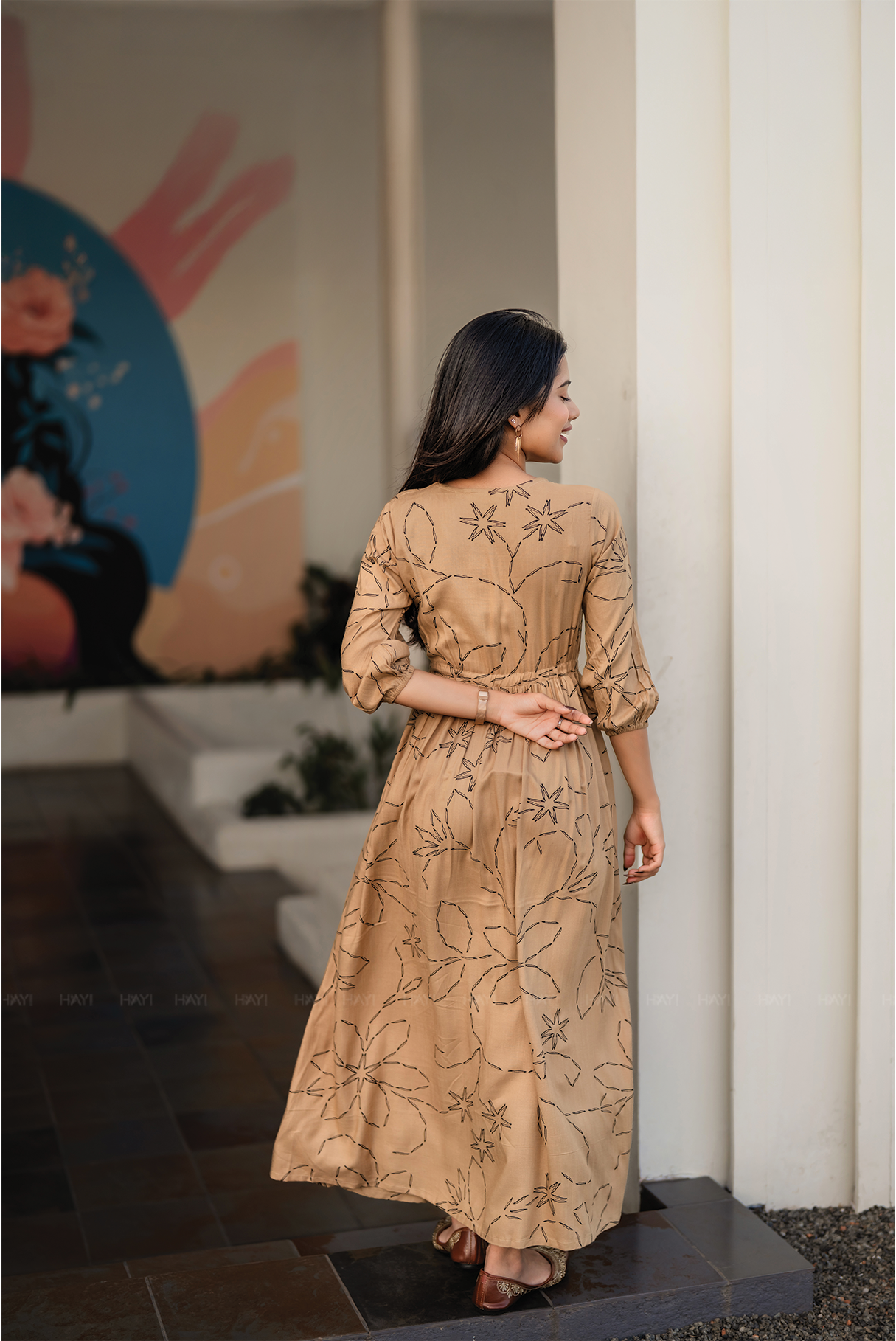 Lil Breeze Beige Viscose Dress with V-Neck & 3/4th Sleeves