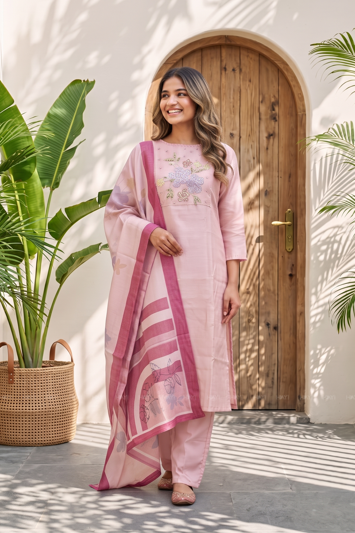 Rose Mist Light Pink 3 Piece Tussar Silk Blend Floral Embroidered & Printed Kurta with Pant & Dupatta