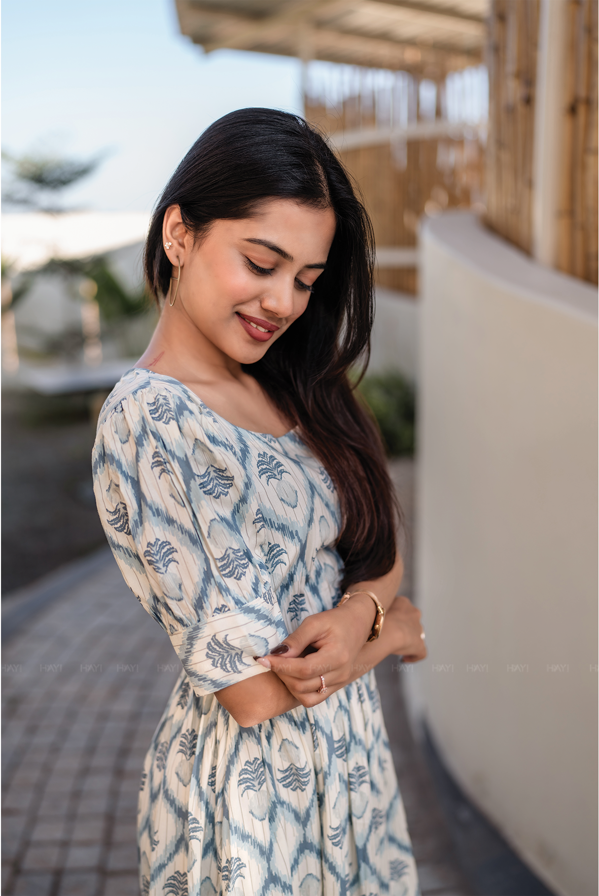 Eclora Off White Viscose Dress with Square Neck and Puff Sleeves