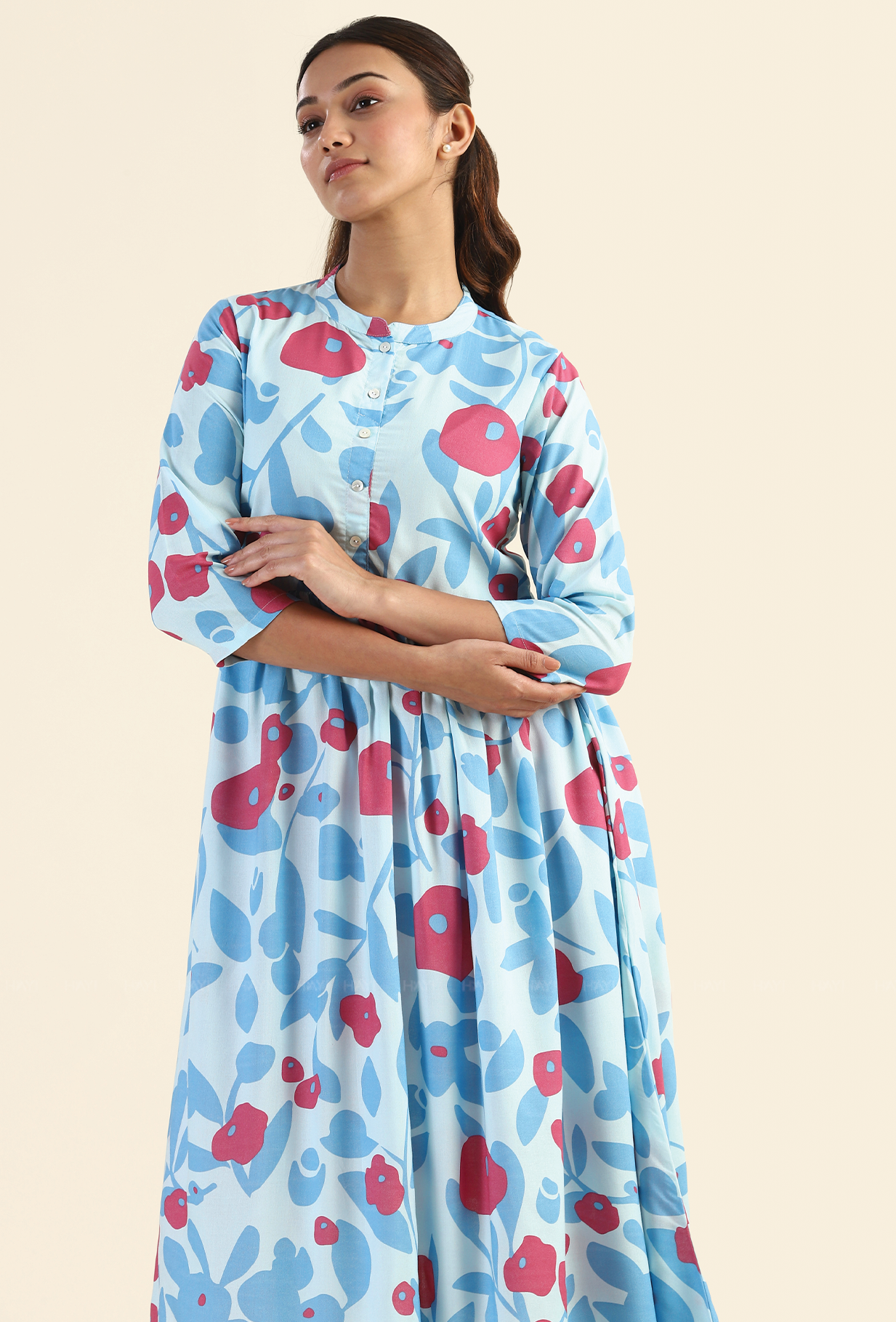 Shuttered Blue Fragmented Flowers Printed Viscose Dress