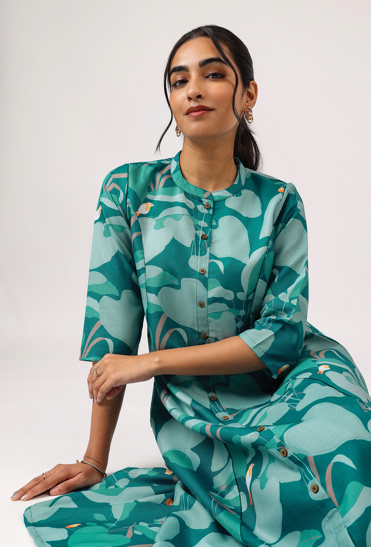 Mosaic Green with Dreamy Forest printed Linen Blend A-line Dress