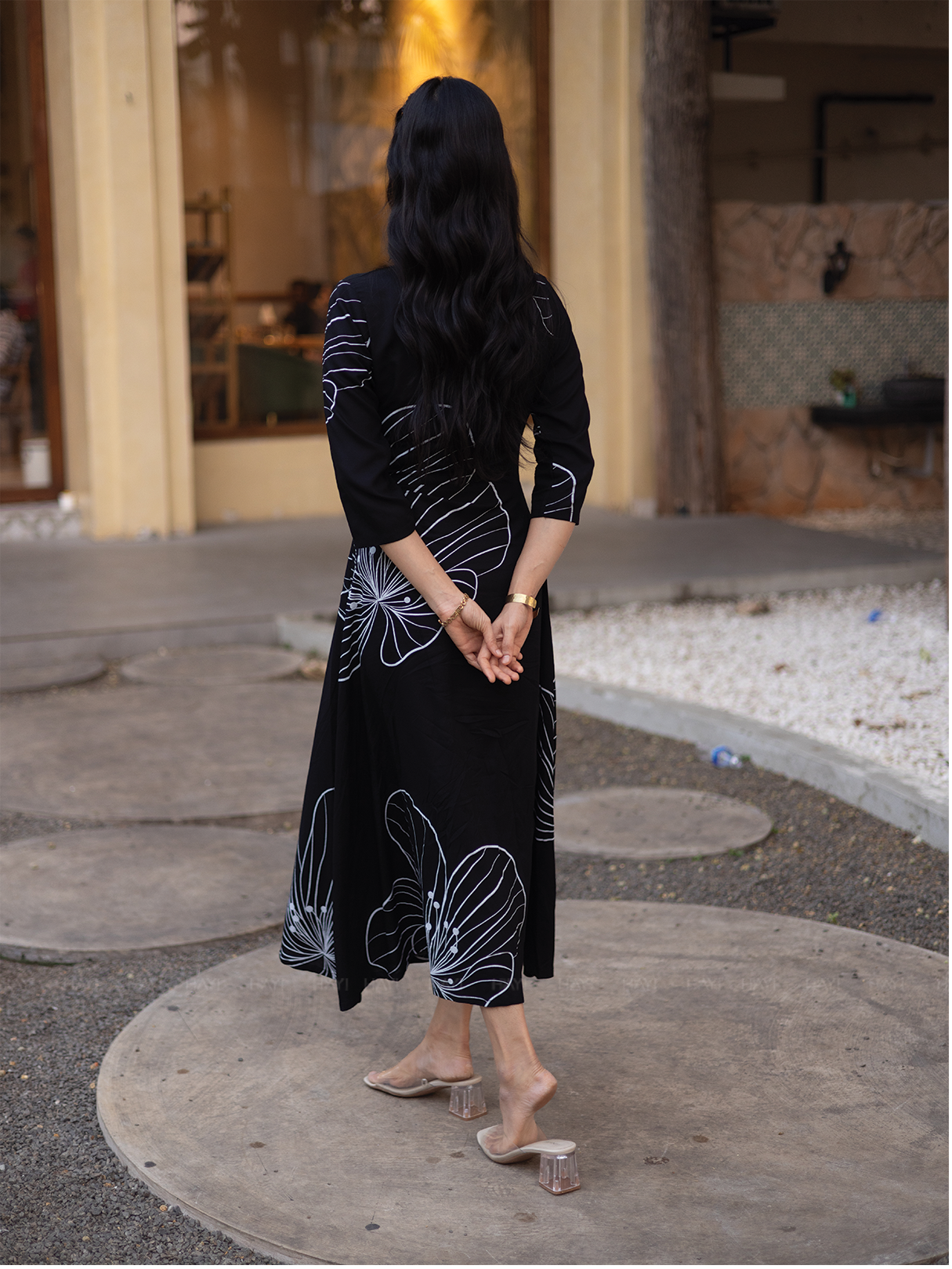 Ebony Blossom Black Viscose Dress with V-neck & 3/4th Sleeves