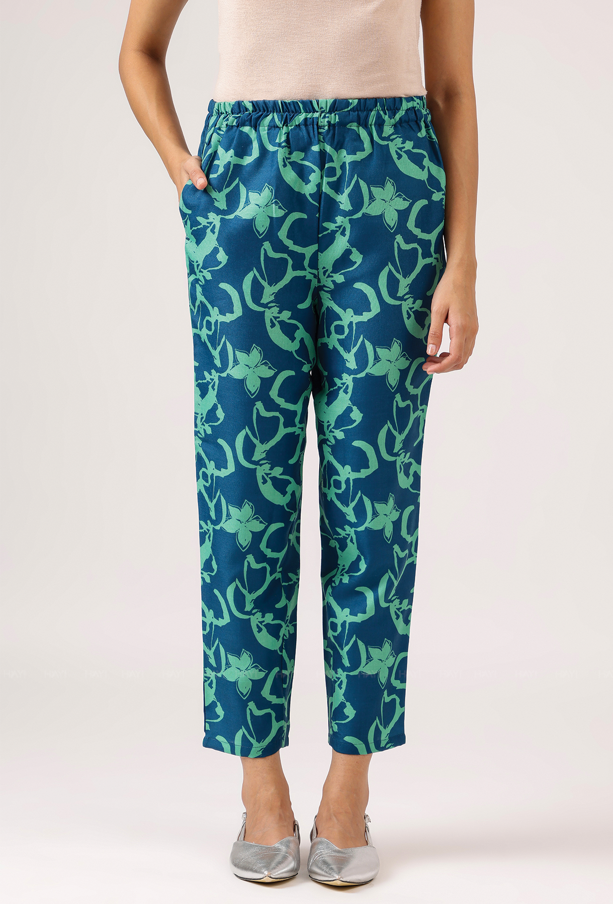 Cyan Teal Blue with Turquoise Petals printed Linen Blend Co ord set