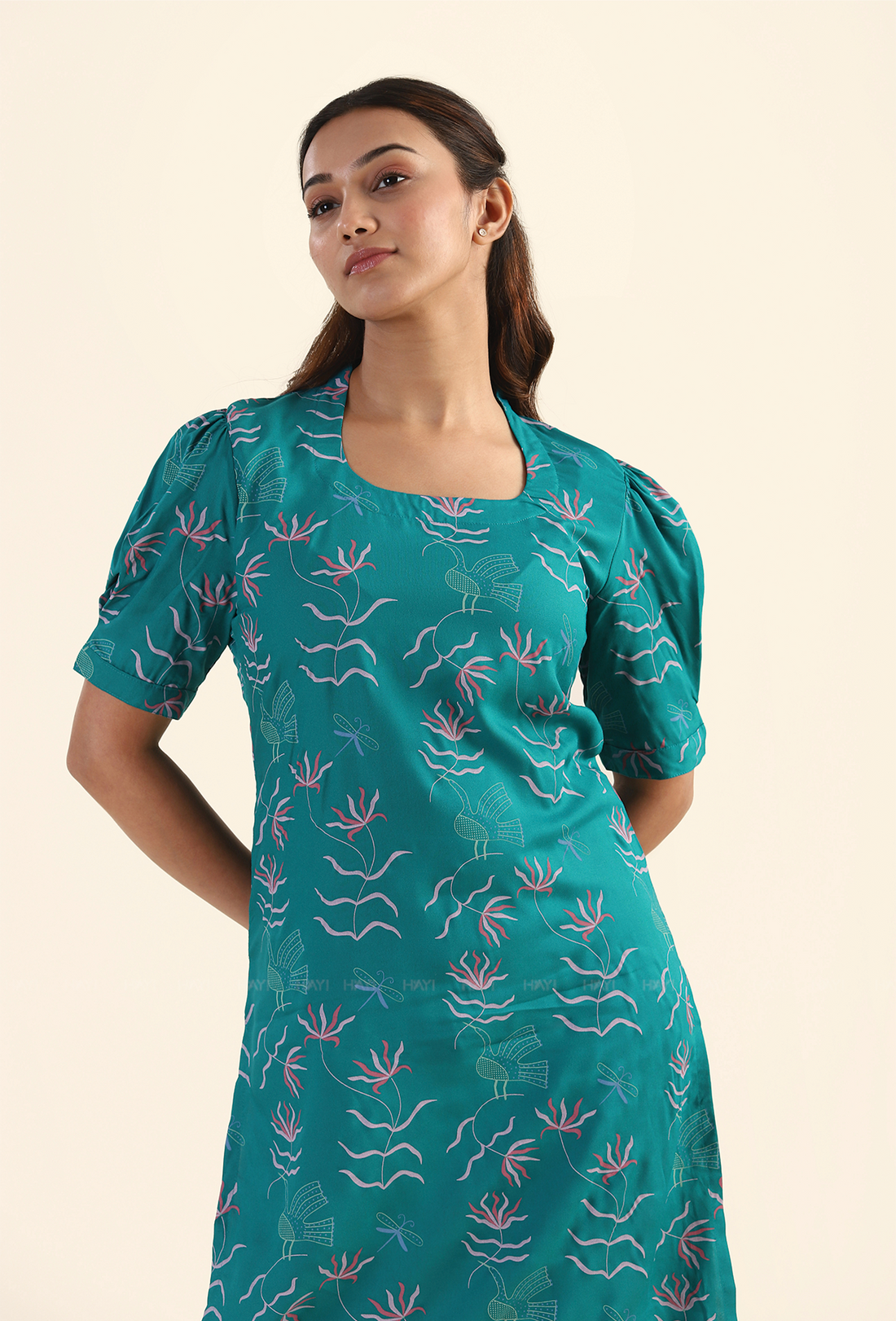 Botanical Teal Moss & Roses Viscose Kurta