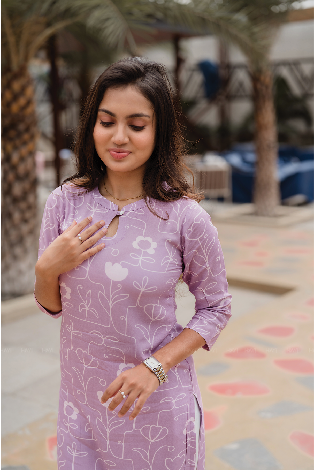 Floral Code Pink Viscose Kurti with Chinese neck with Keyhole & 3/4th Sleeves