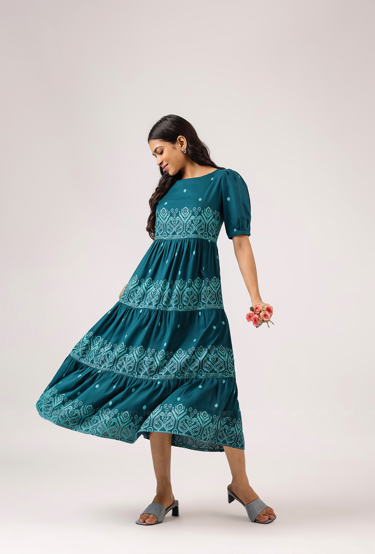 Fiesta Teal Green with Carnival Ikat printed Viscose Dress