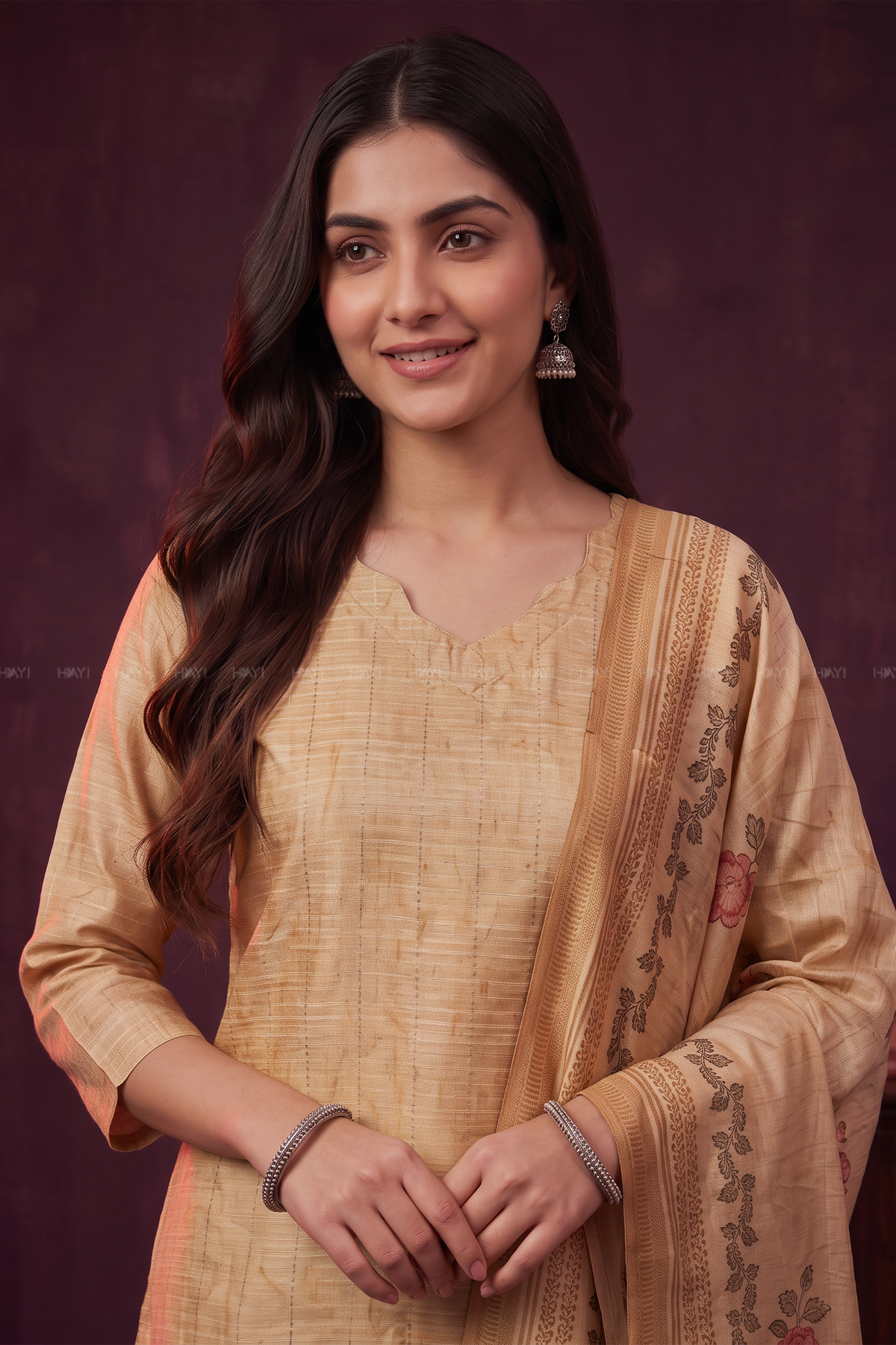 Golden Petal Yellow Tussar Silk Blend 3-Piece Printed Kurta Set