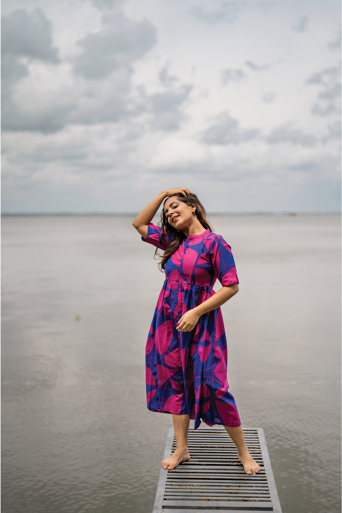 Blazing Blue with Cosmic Petals printed Maternity and Feeding Linen Blend Dress