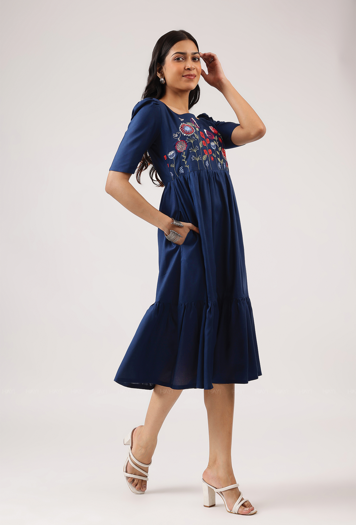 Dark Blue with Hovering Dreams floral Embroidery Viscose Dress