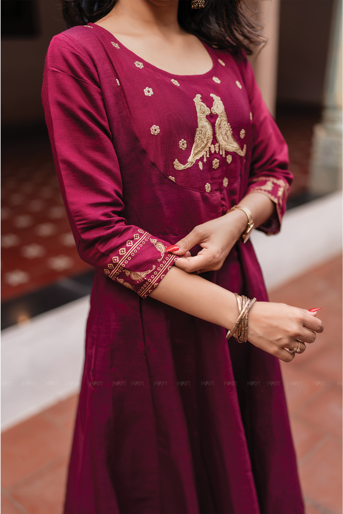 Birdveil Plum Viscose Placement Print Embroidered Anarkali with Round Neck & 3/4th Sleeves